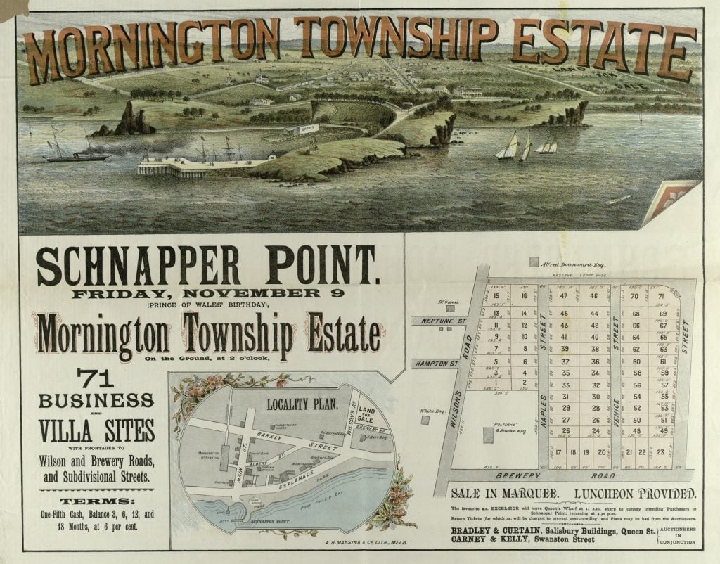 Colour poster showing a bay and pier with grassland in the background. Also includes a plan of streets and allotments and a less detailed map of the area surrounding the land for sale. 