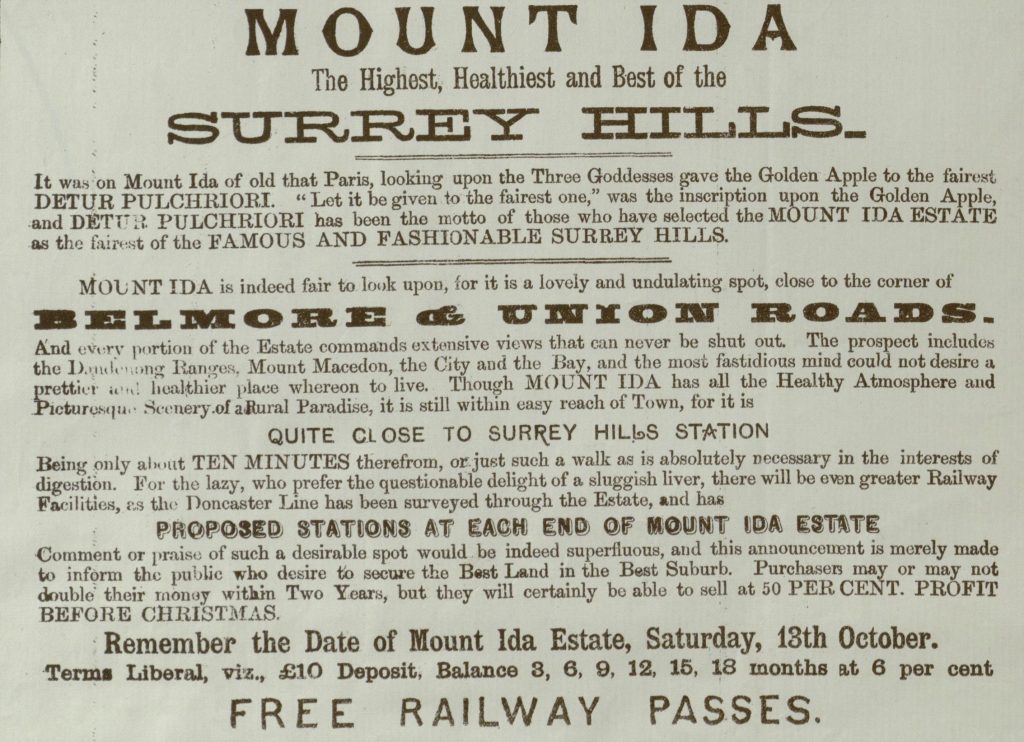 Text from one of the auction plans. Describes the appeal of Mount Ida in Surrey Hills. Says it is the highest, healthiest and best of the Surrey Hills. That it is 'quite close to Surrey Hills Station' and that there are 'proposed stations' yet to be built. 