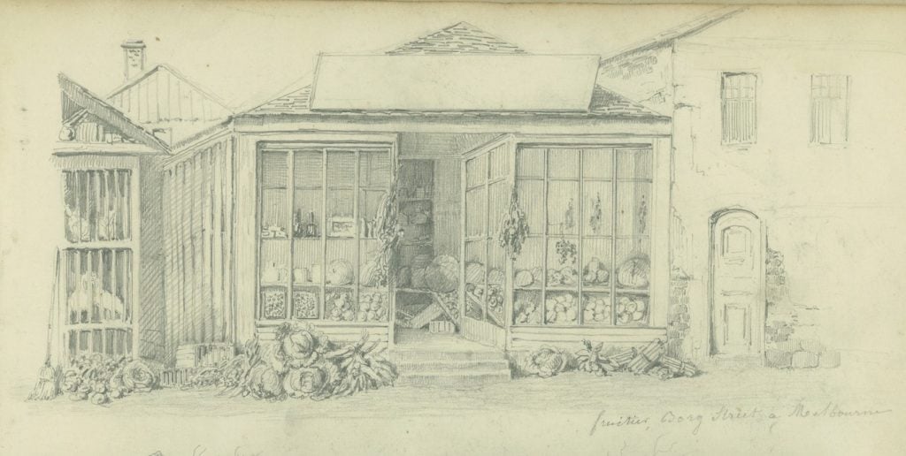  "Fruitier, Borg Street a Melbourne" showing single storey facade of food store with full height windows, sixteen pains in each, returns to central door set back, furit and vegetables arranged in windows and in heaps on the pavement in front of the shop, cage on left housing chickens in three levels, on right of the store is a two storey dwelling with panelled door with curved top with two upstairs windows 