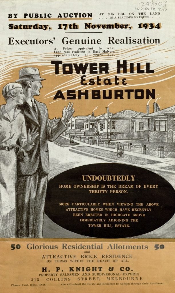 Illustrated advertisement for Tower Hill Estate Ashburton. Shows a man and a woman overlooking a street of brick houses with smoke from their chimneys. 