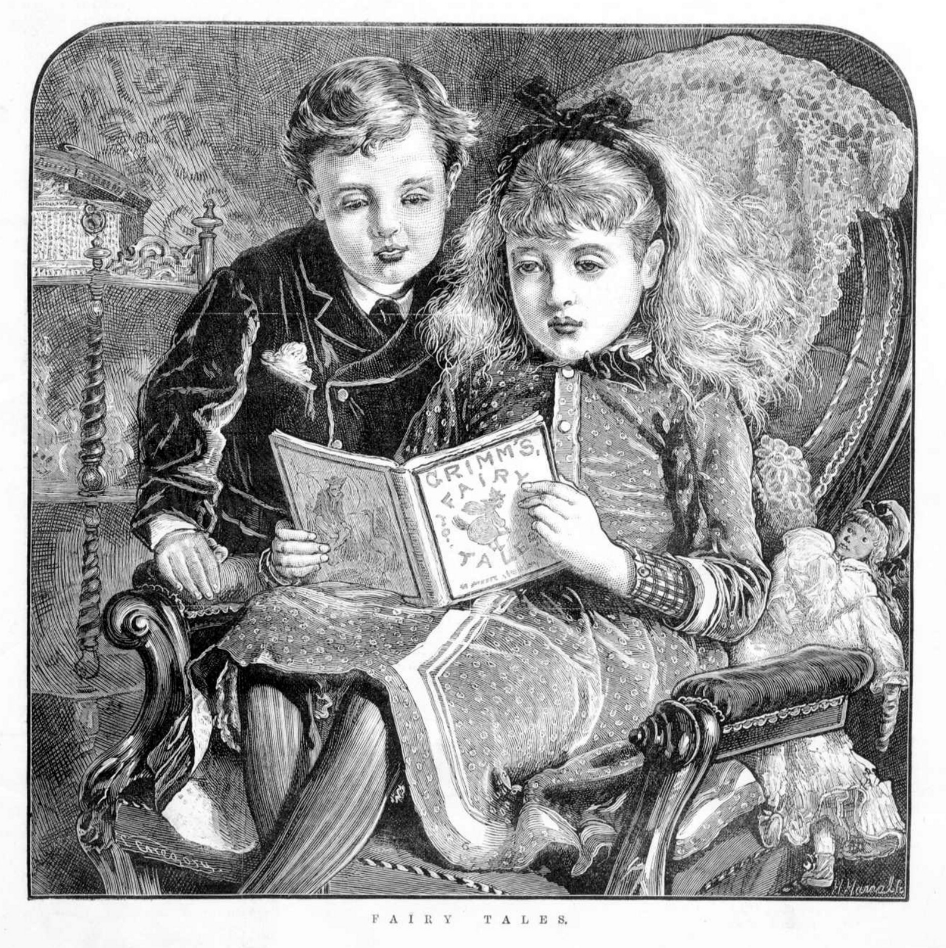 Black and white illustration shows two children reading Grimm's Fairy Tales; girl is seated; boy standing next to chair.