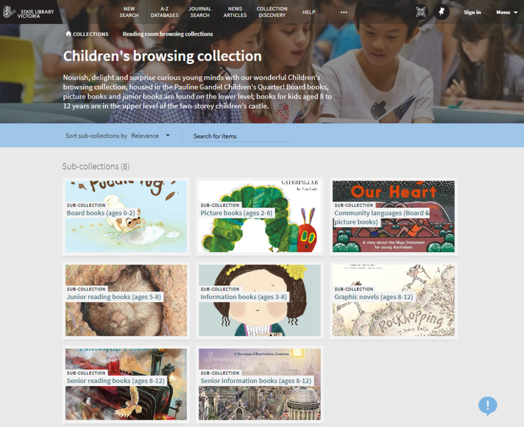 A screenshot of the Children's browsing collection webpage