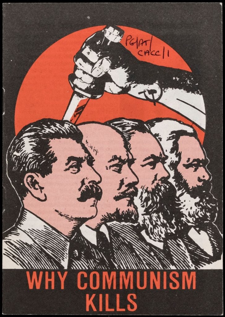 Cover of a pamphlet on red and black background with illustrated faces of four distinguished men with facial hair, lined up in profile view. An arm holding a knife is coming out of the red circle, held above the first man's head.