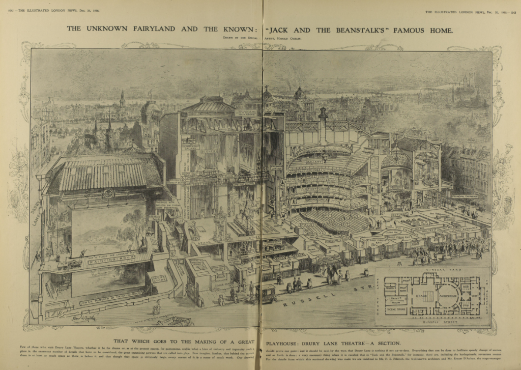 Black and white illustration featuring bird's eye view of Drury Lane Theatre 