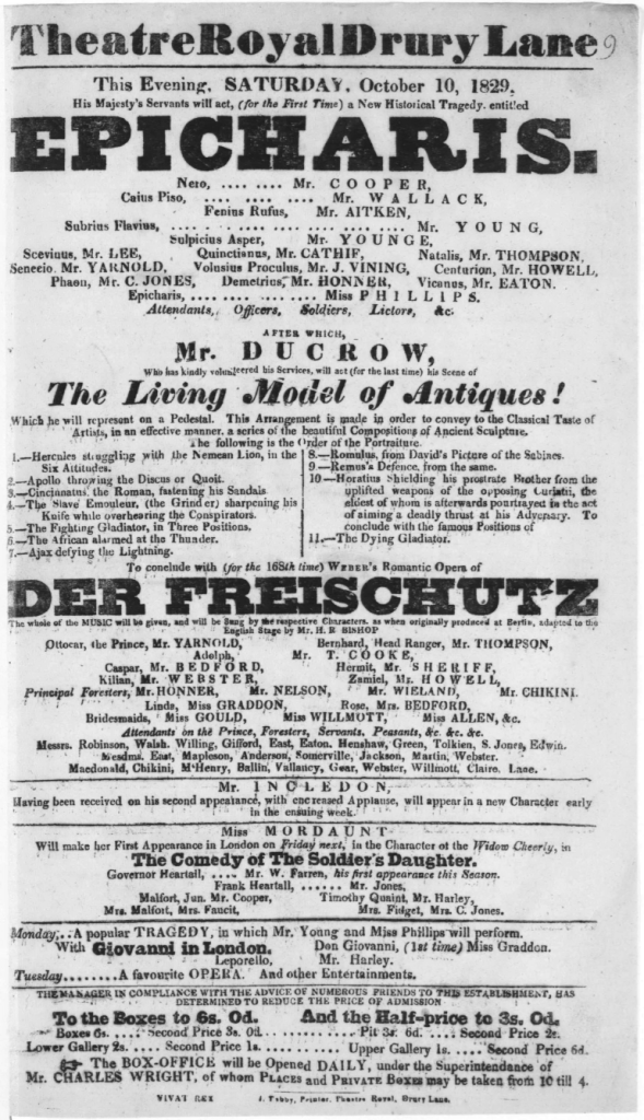 A black and white playbill published by the Royal Drury Lane Theatre advertising the play 'Epicharis'