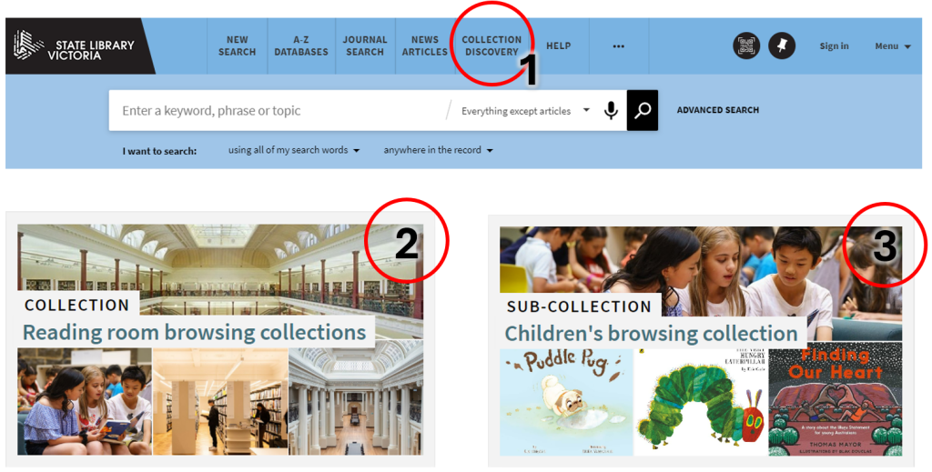 Multiple screen shots from State Library Victoria Catalogue, including navigations bar, collection, and sub-collection categories numbered to provide access instructions