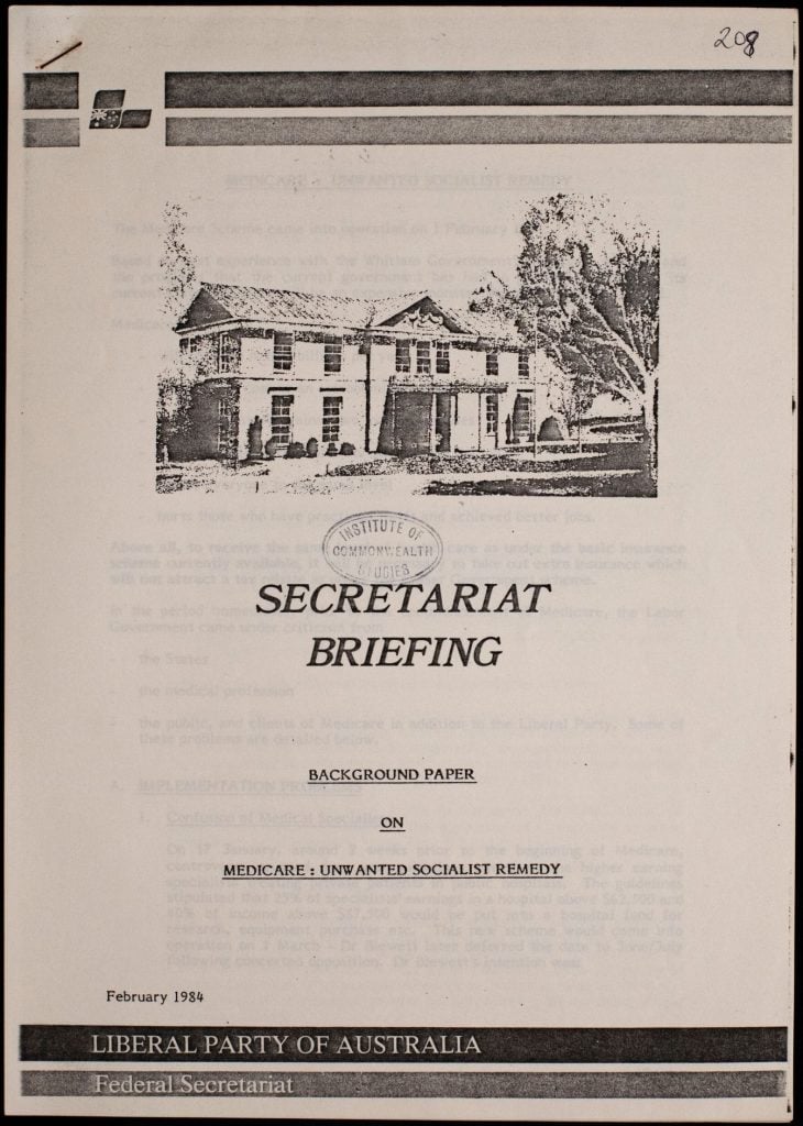 Front cover of background paper dated February 1984 (photocopy) with Liberal Party header and footer. Photograph of two-storey house amongst trees at the top before title.