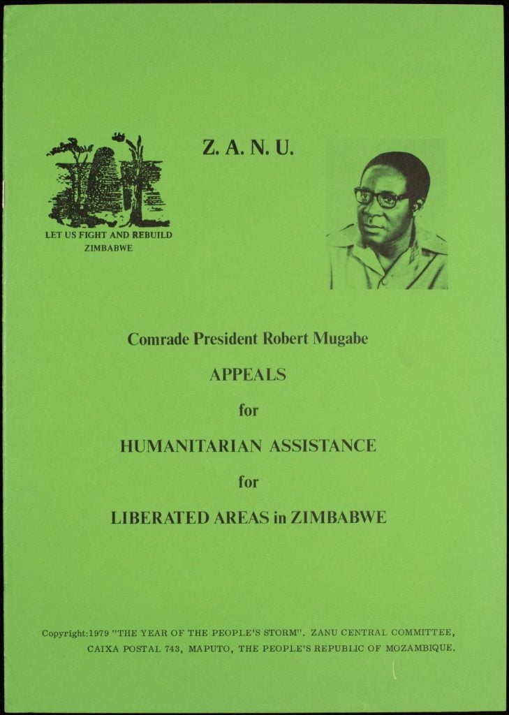 Front cover of pamphlet on green background with headshot of black man in glasses wearing a collared shirt on top right, and an illustration of trees and a hut with the slogan "Let us fight and rebuild Zimbabwe" underneath on top left.. The acronym Z.A.N.U. sits in the top centre. The pamphlet title takes up the centre portion of the page. A copyright statement appears at the bottom of the page.