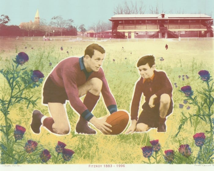 Image of man setting a place kick watched by a boy