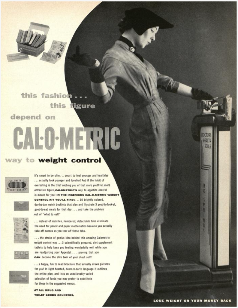 Full-page black and sepia advertisement for Cal-O-Metric weight control, showing a well-dressed and slim woman standing on scales.