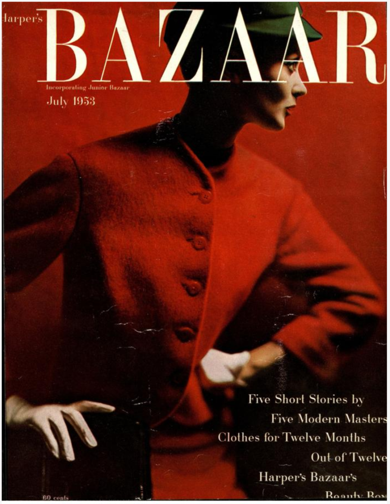 Front page of Harper's Bazaar magazine, featuring a women dressed in red striking a pose in front of a red wall. Text includes "Five Short Stories by Five Modern Masters"