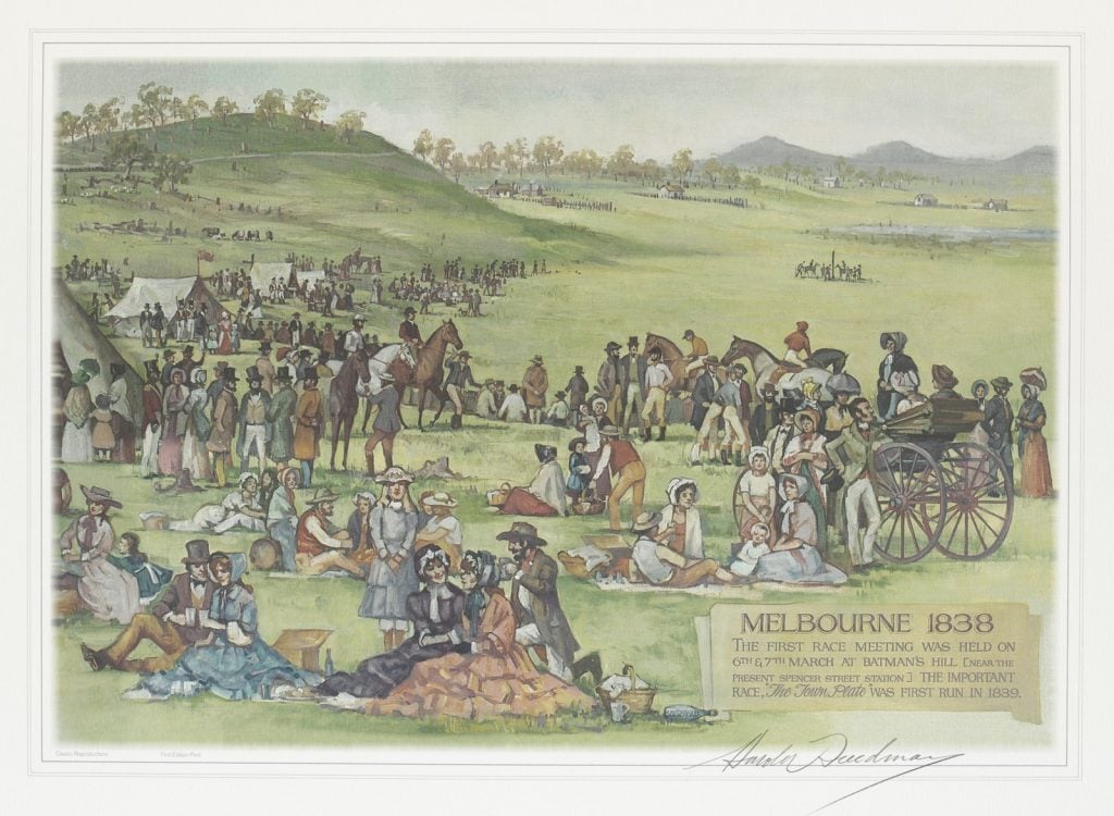 Illustration of a crowd of racegoers at the first horserace in Melbourne in 1838. The foreground shows revellers in period dress sitting on the grass with picnic baskets and bottles. A range of ages are depicted. In the background are some tents, with some horses and riders and a horse buggy. IN the distance is a large hill and a pole surrounded by horses and riders. The sign on the illustration states "Melbourne 1838. The ifrst race meeting was held on 6th & 7th March at Batman's Hill [near the present Spencer Street Station] the important race, 'The Town Plate' was first run in 1839.