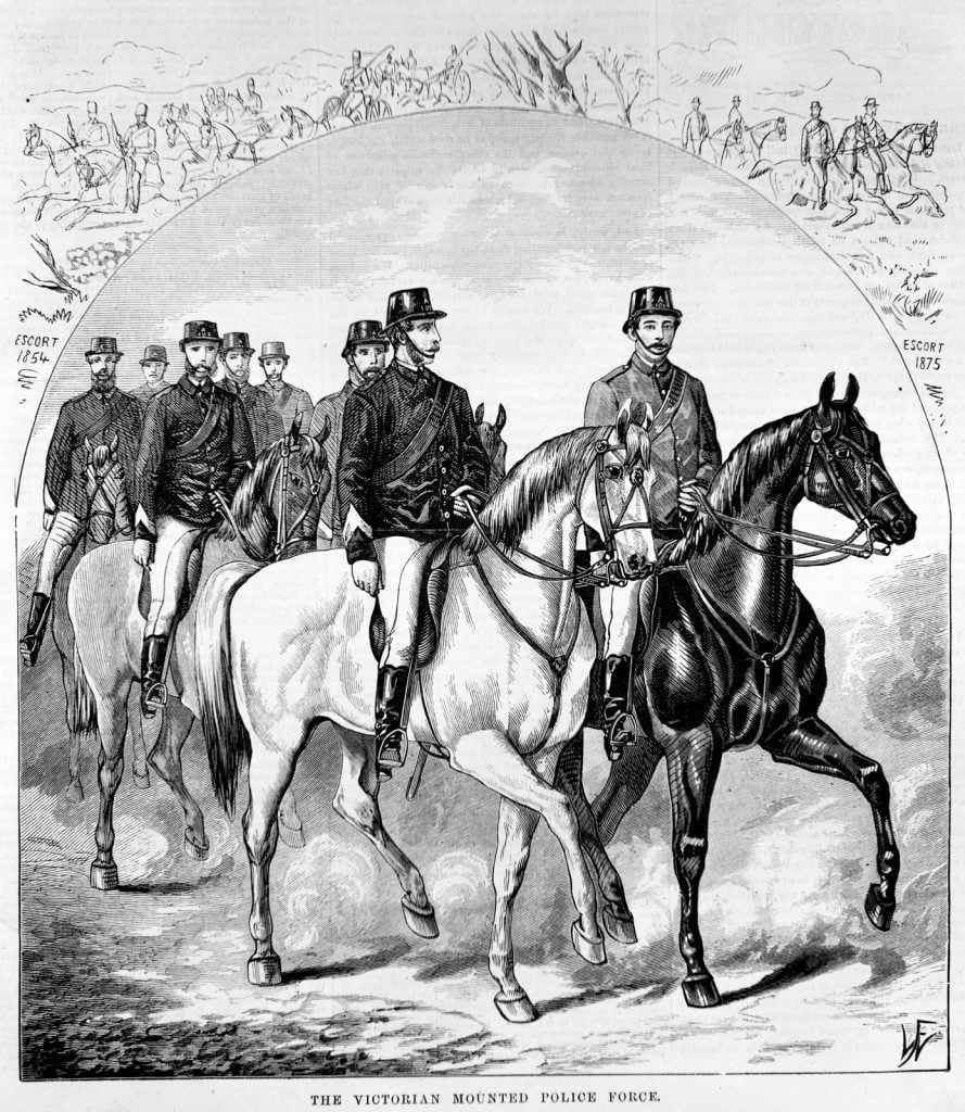 Black and white engraving of eight mounted police troopers on horseback in their uniforms