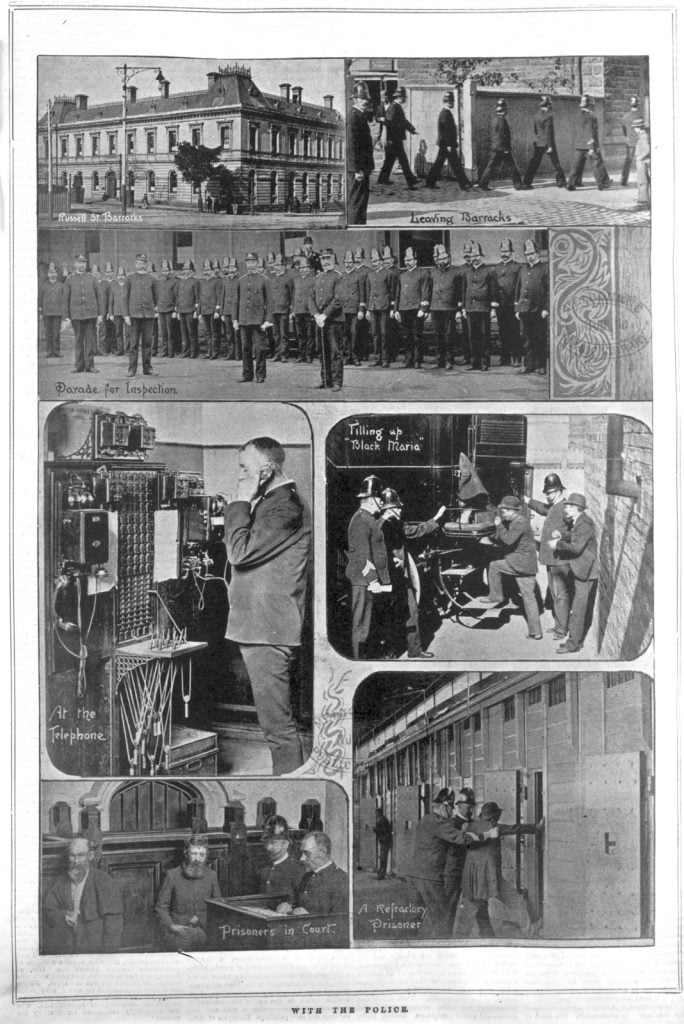 Black and white collage of photographs of the police first published in the Illustrated Australian News. Photos show Russell Street police barracks, police on duty and on parade, on the telephone switchboard, prisoners in court and a prison cell.