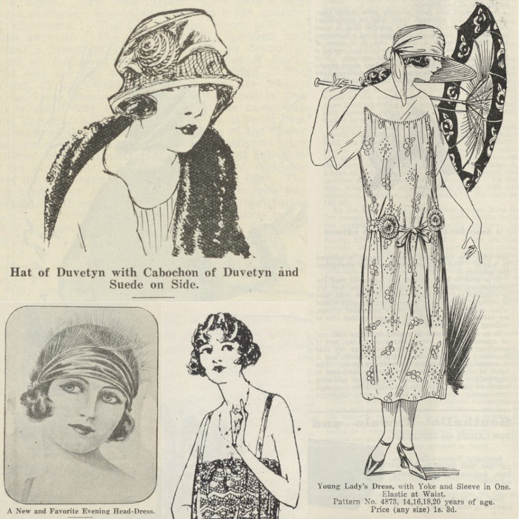 Four drawings from the early 1920's printed in Madame Weigel's Journal of Fashion, three head shots and one full figure.