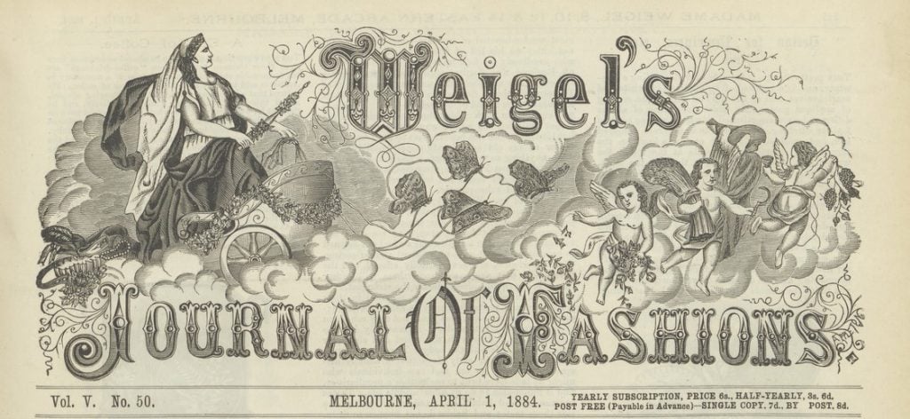 Original header for Weigel's Journal of Fashions, with elaborate art and type font. Inclusive of the volume and number, location, date and price.