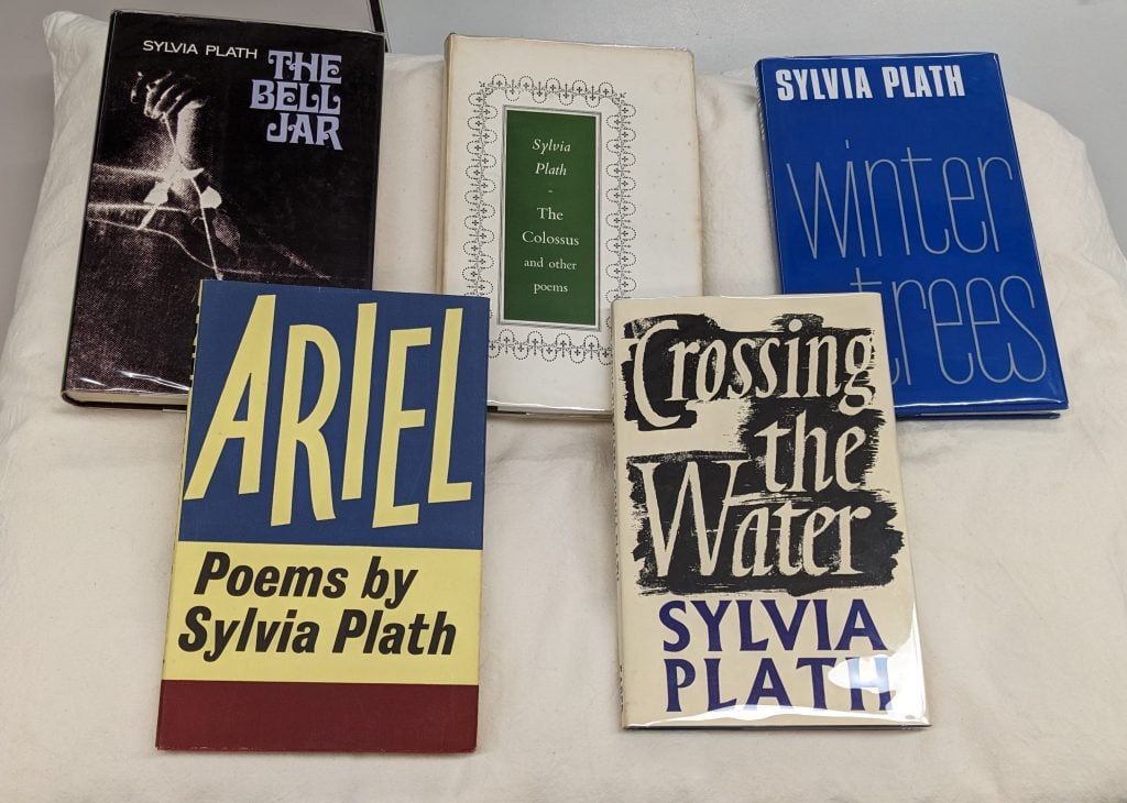 Photograph of five Sylvia Plath books sitting on a pillow.