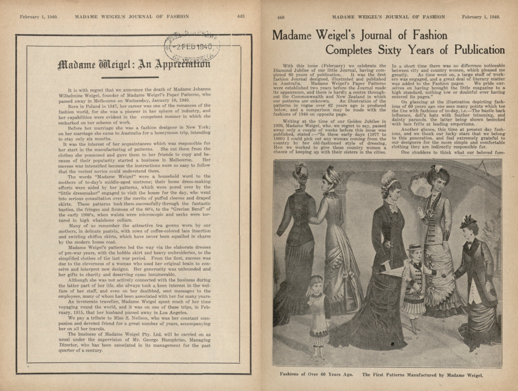 Two full pages from Madame Weigel's Journal of Fashion, the left: a death notice for Madame Weigel, the right: announcing the Journals Diamond Jubilee. Both were published in the February 1940.