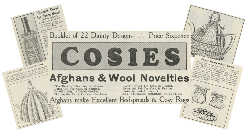 five clippings from Madame Weigel's Journal of Fashion depicting various wool novelties and cosies.