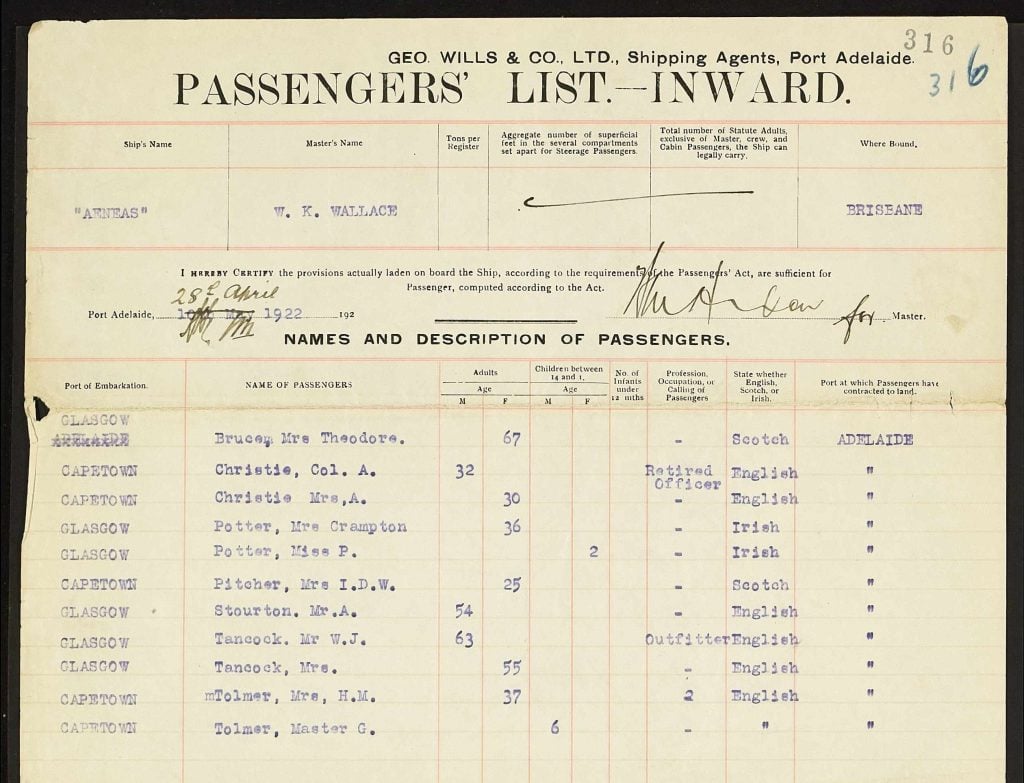 passenger arrival list featuring 'Mrs A Chrisite'