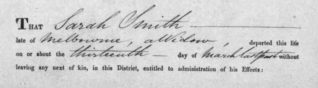 Detail from Sarah Smith's Grant of Administration.