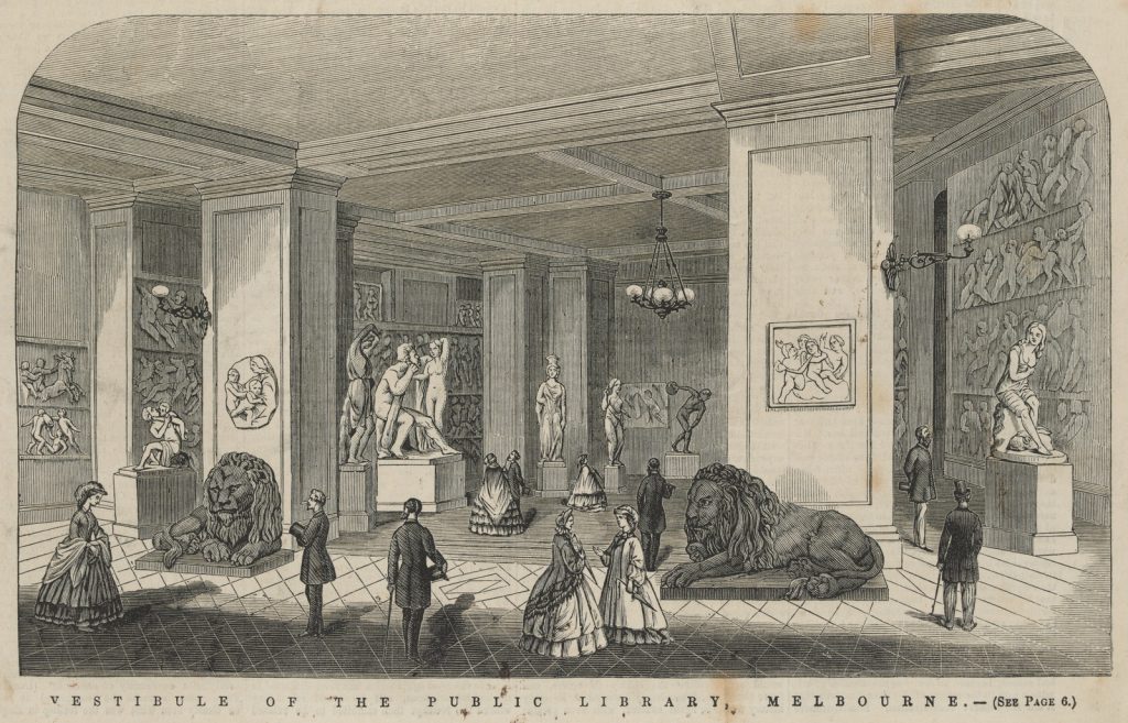 Large lion sculptures in Library foyer