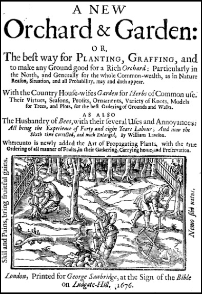 page of text with woodcut of people working with trees, a pile of fruit, tools.