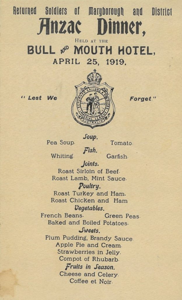 Menu for RSL Anzac Day dinner at the Bull and Mouth Hotel