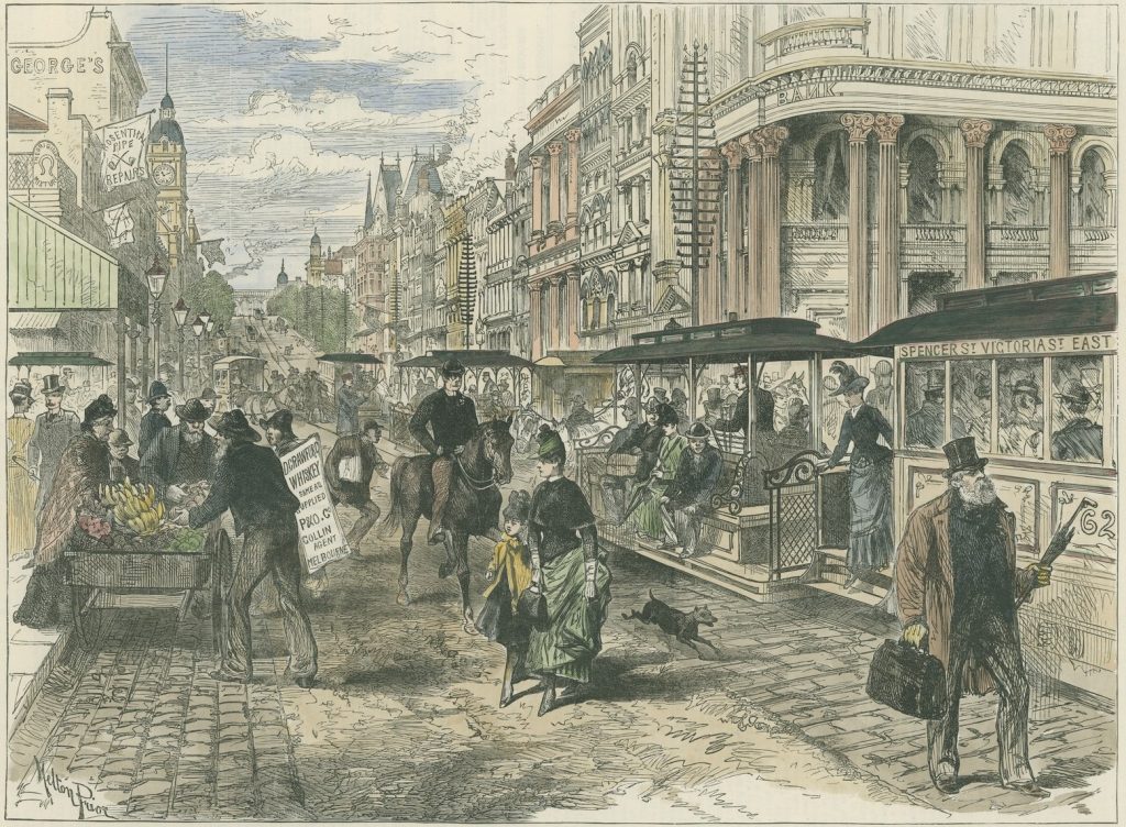 Page from newspaper, shows no. 62 tram with open and closed carriages, pedestrians, horse-drawn vehicles, horse riders, cart on side of road selling fruit and vegetables, man wearing a sign advertising "D. Crawford whiskey same as supplied P&O Co. Collin Agent Melbourne," either side of street paved with bluestone, dirt in centre, businesses include George's, G.P.O., Rosenthal pipe repairs, a bank and Parliament House can be seen at the far end of the street.