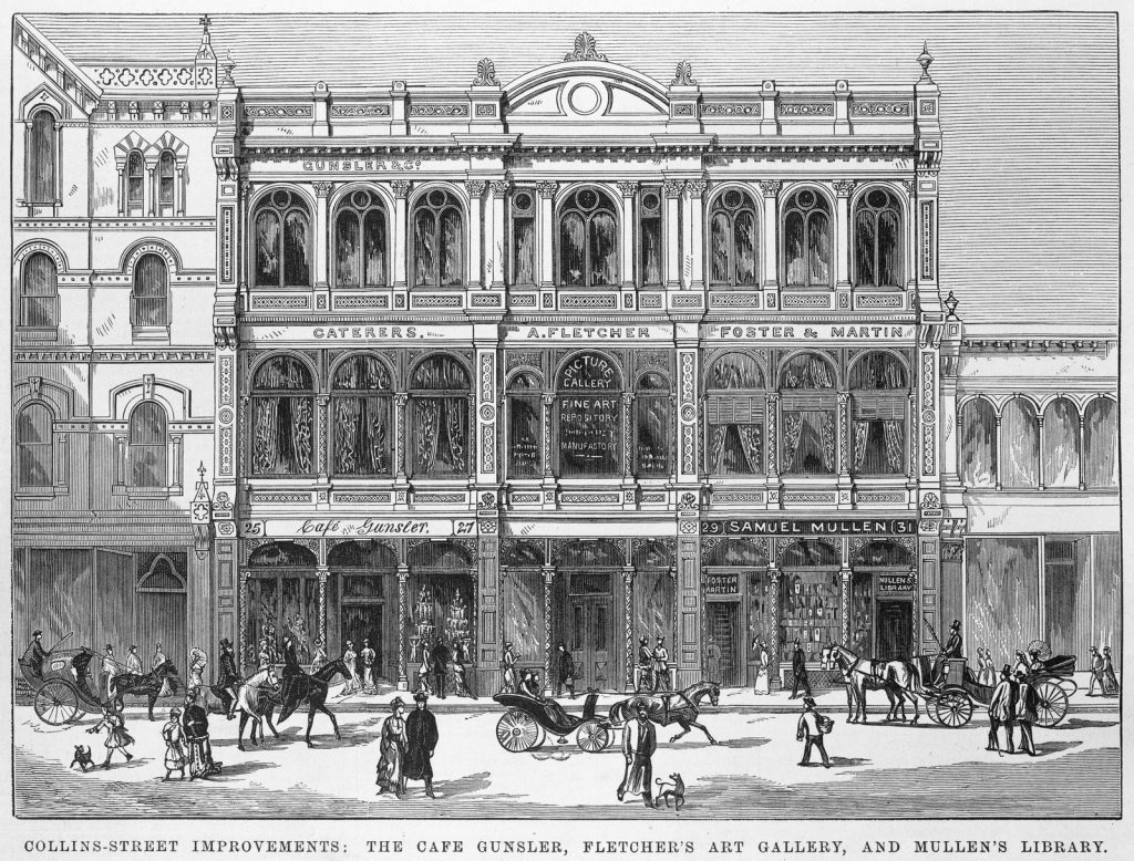 Newspaper illustration featuring newly constructed building on Collins Street occupied by Cafe Gunsler, Fletcher's Art Gallery and Mullen's Library. Building has three levels, primary features are arched windows flanked by pillars with decorative cornices. Pedestrian shoppers are depicted outside ground-level shopfronts, along with horse drawn carriages on the road in front.