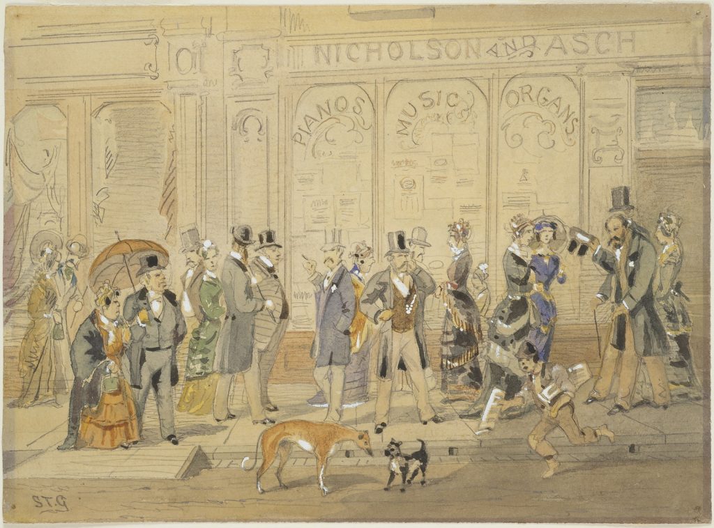 Painting of fashionably dressed 19th century men and women, all wearing hats. A greyhound and another smaller dog, and a newspaper boy in foreground. Elegant Collins st shop windows are in background.
