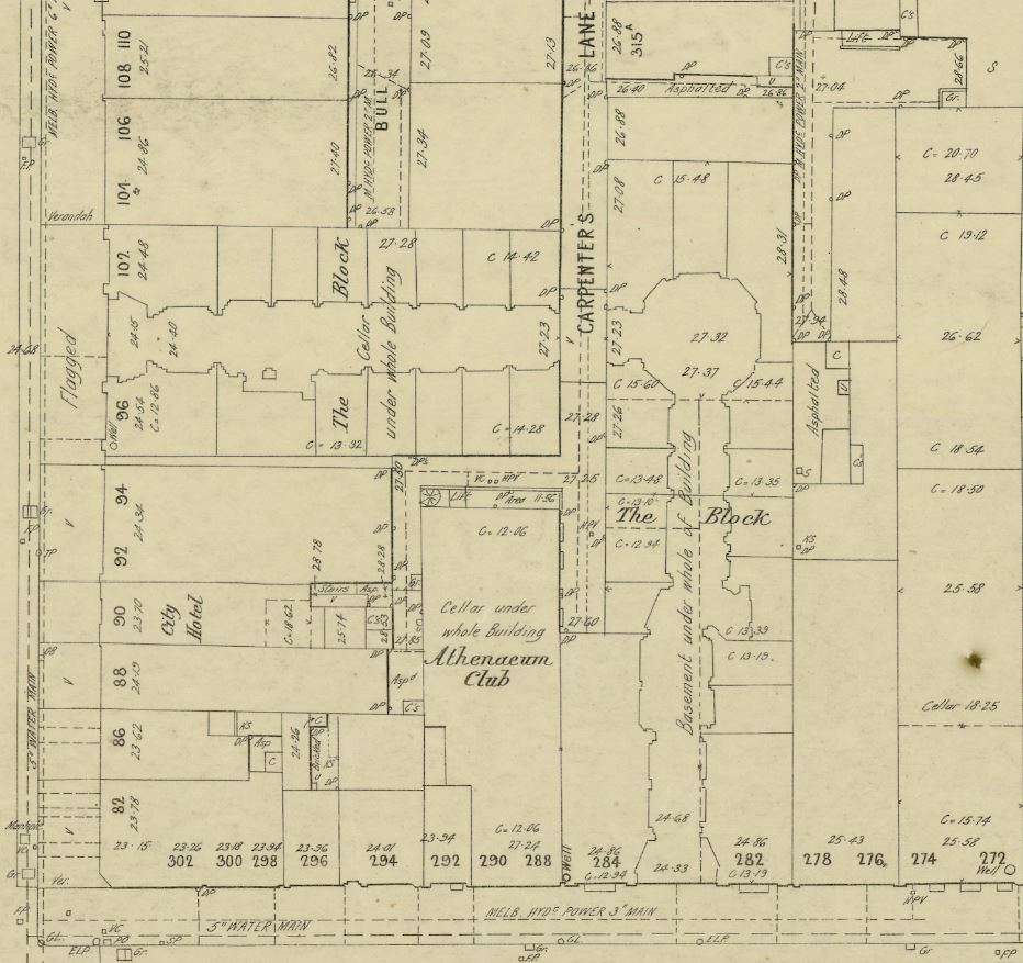 Detail view of the Melbourne Metropolitan Board of works plan No. 1012, showing the L-shaped 'footprint' on the Block Arcade as it was in 1895, with access via Elizabeth and Collins Streets and internal covered walkway to Little Collins via Carpenter's Lane. The two main walkways from Elizabeth and Collins Street are hinged by the glass-roofed polygon. Other buildings in proximity are named, including the City Hotel off Elizabeth St and the Athenaeum Club off Collins St. Internal and subterranean features are noted, including cellars and basements. Individual street numbers for Elizabeth and Collins streets are visible.