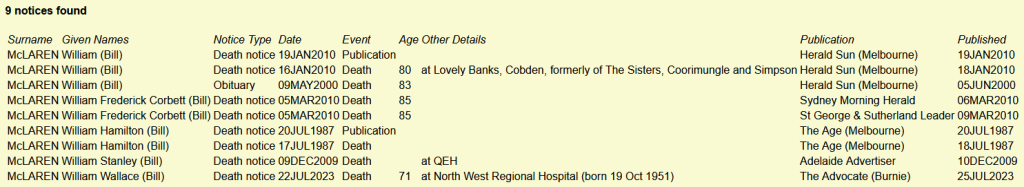 A list of deceased individuals from Ryerson Index. Dates of death notices for people with the name William (Bill) McLaren.