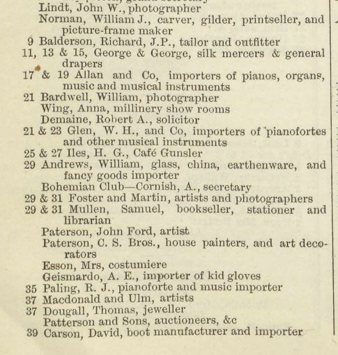 List of businesses on Collins Street East -North side from the 1885 Sands & McDougall directory:
Lindt, John W., photographer
Norman, William J., carver, gilder, printseller, and picture-frame maker
Balderson, Richard, J.P., tailor and outfitter
11, 13 15, George George, silk mercers general drapers
17 19 Allan and Co, importers of pianos, organs, music and musical instruments
21 Bardwell, William, photographer
Wing, Anna, millinery show rooms
Demaine, Robert A., solicitor
21 23 Glen, W. II., and Co, importers of'pianofortes and other musical instruments
25 27 lies, H. G., Caf6 Gunsler
29 Andrews, William, glass, china, earthenware, and fancy goods importer
Bohemian Club Cornish, A., secretary
29 31 Foster and Martin, artists and photographers
29 31 Mullen, Samuel, bookseller, stationer and librarian
Paterson, John Ford, artist
Paterson, C. S. Bros., house painters, and art decorators
Esson, Mrs, costumiere
Geismardo, A. E., importer of kid gloves
35 Paling, R. J., pianoforte and music importer
37 Macdonald and Ulm, artists
37 Dougall, Thomas, jeweller
Patterson and Sons, auctioneers, &c
39 Carson David, boot manufacturer and importer