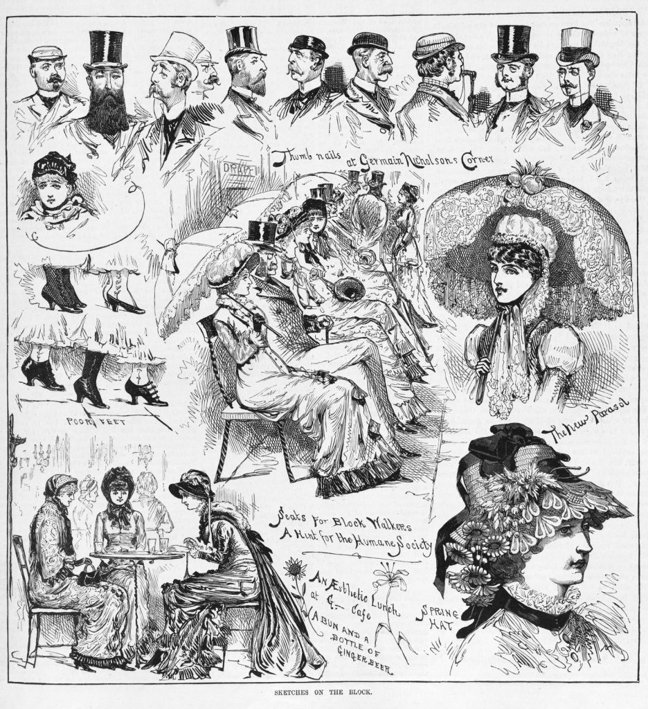 Shows thumbnails of ten men and one boy, all wearing hats; shoes with small, high heel; ladies and gentlemen sitting on benches on the footpath; three women at a table; the block was the area on the north side of Collins Street from Swanston to Queen Streets.