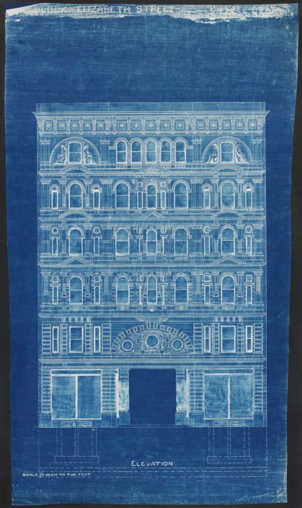Architectural drawing of Collins street facade of The Block Arcade depicting a six-storey building.