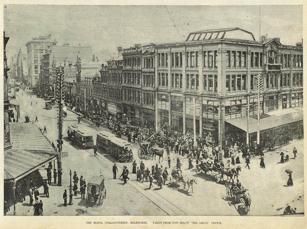 View of The Block on Collins Street taken from The Argus newspaper office. Shows throngs of people walking on Collins Street, as well as horse drawn buggies and able trams.