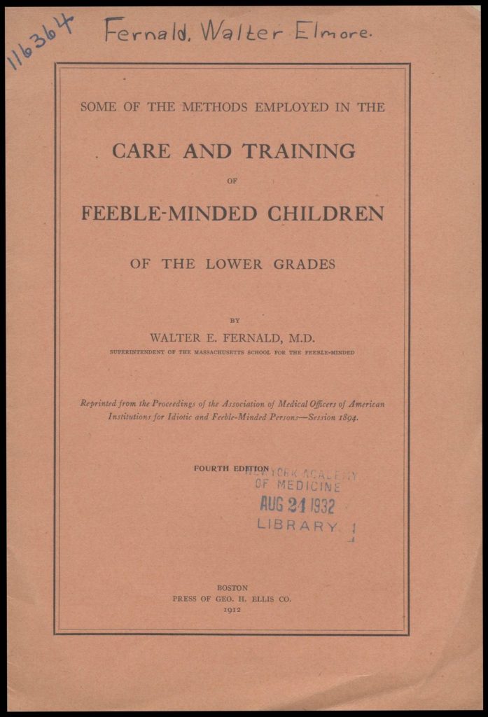 Beige-coloured book cover. Title reads: 'Some of the methods employed in the care and training of feeble-minded children.'