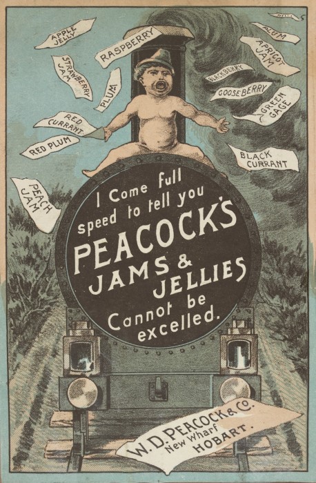 Little boy sitting on advertising for Peacock's Jams