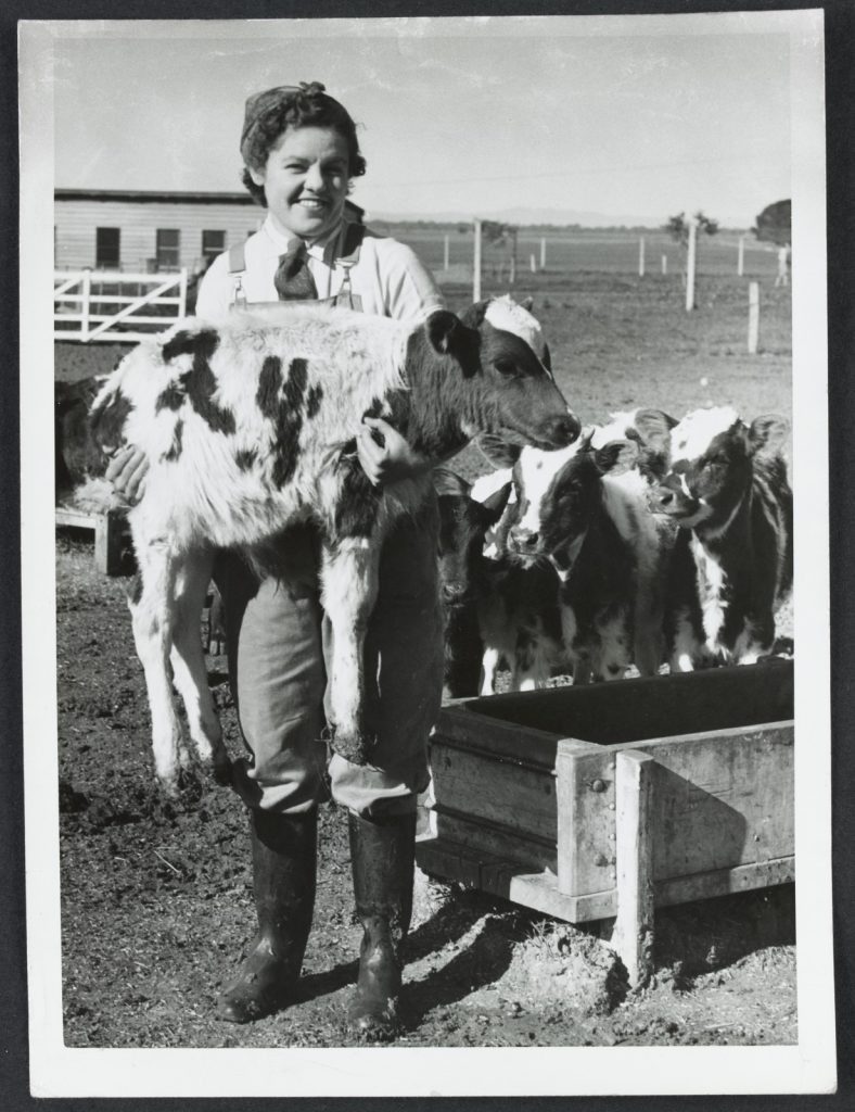 Woman holding calf with cattle in background