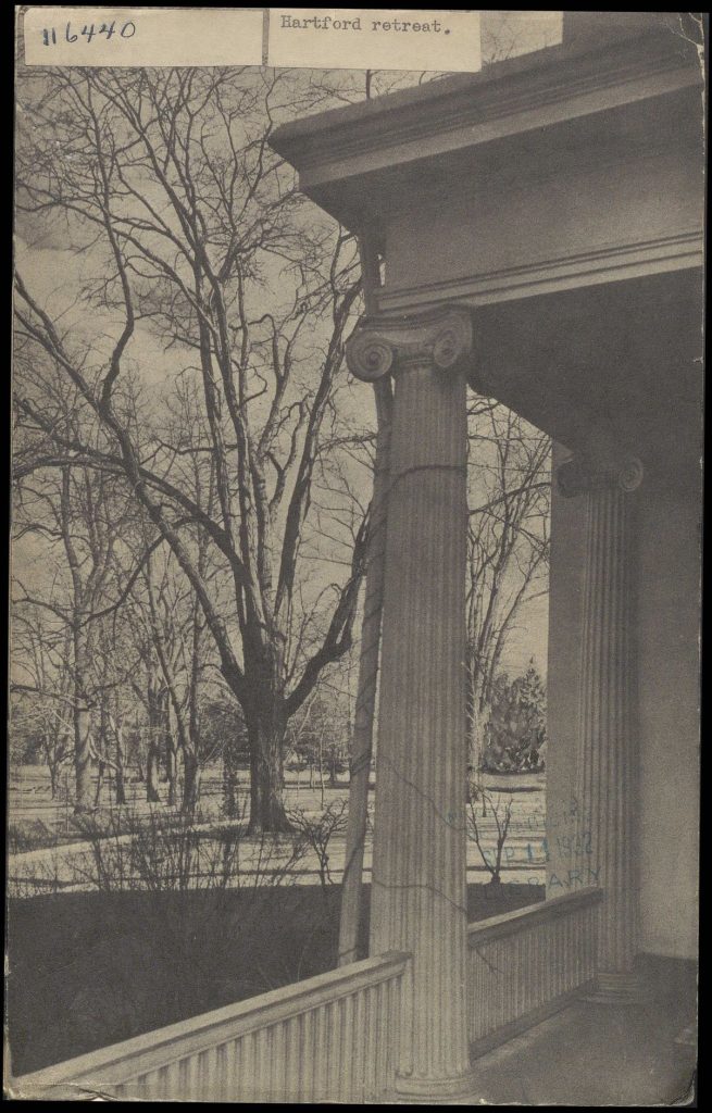 Black and white photo of park, vernadah in foreground.