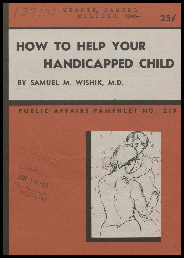 Orange book cover features line drawing of mother and child. Title reads: 'How to help your handicapped child.'