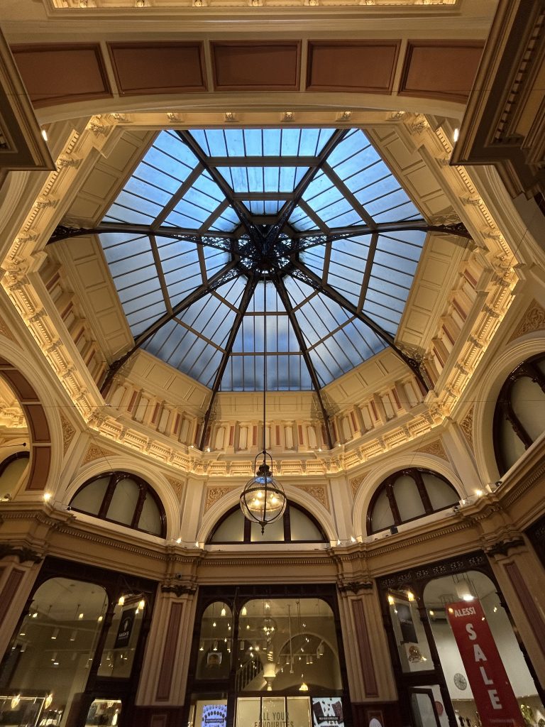 Polygon glass and iron roof, that 'hinges' the walkways of the Block arcade from Elizabeth and Collins streets.
