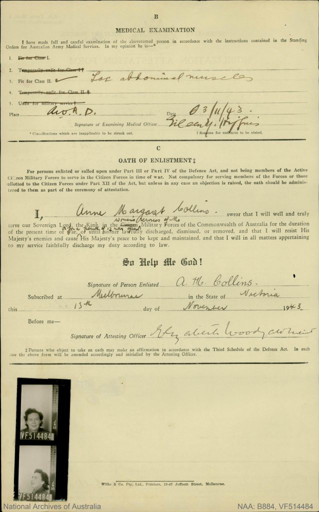 Shows a page from a World War two service record, including two photos of the service woman.