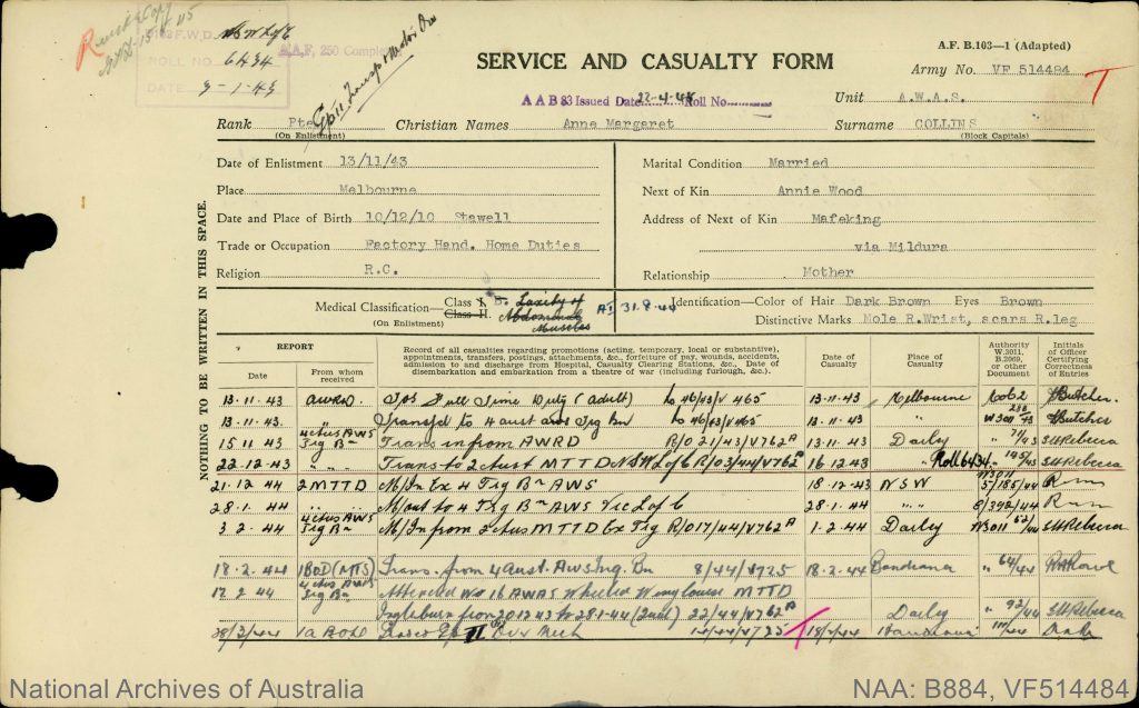 Shows a page from a World War two service record.