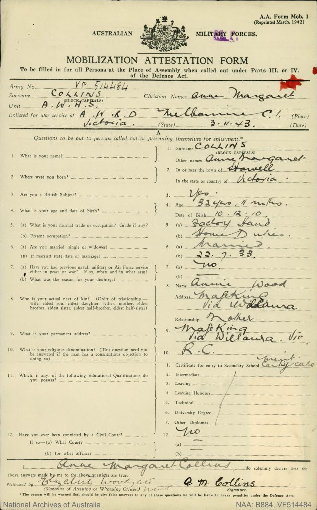 Shows a page from a World War two service record.