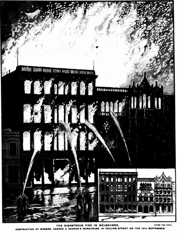 Illustration of Georges building engulfed in flames at night, with fireman on the ground vainly trying to put out the flames with hoses. Inset illustration showing the shell of the burnt building.