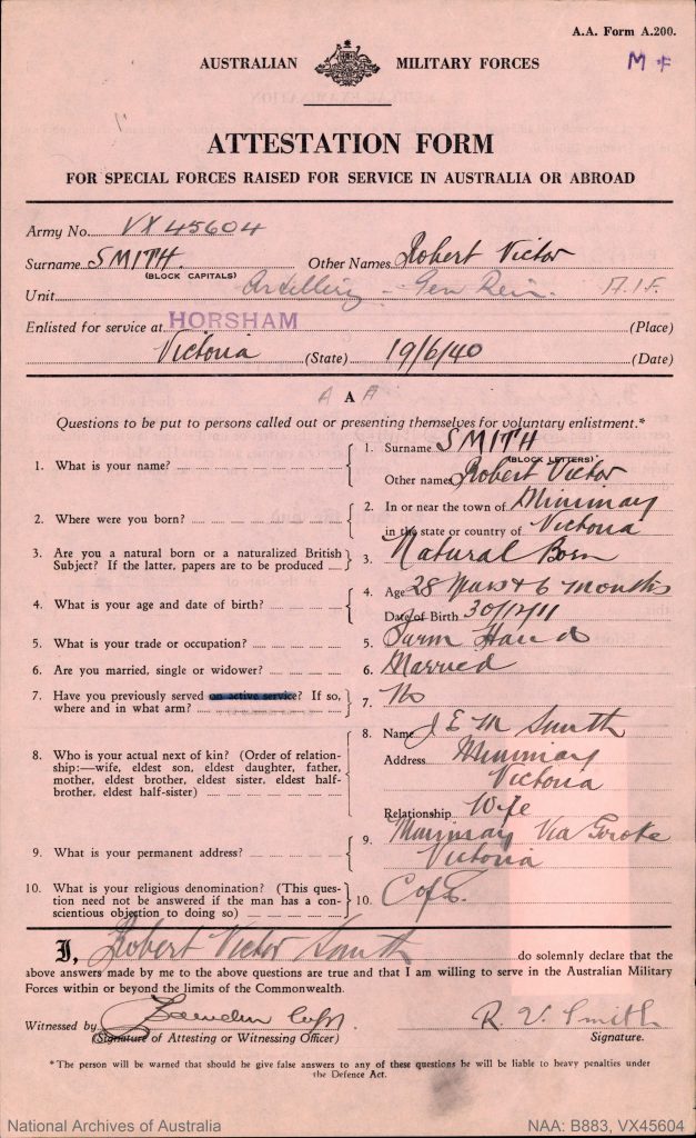 Shows a page from a World War two service record.
