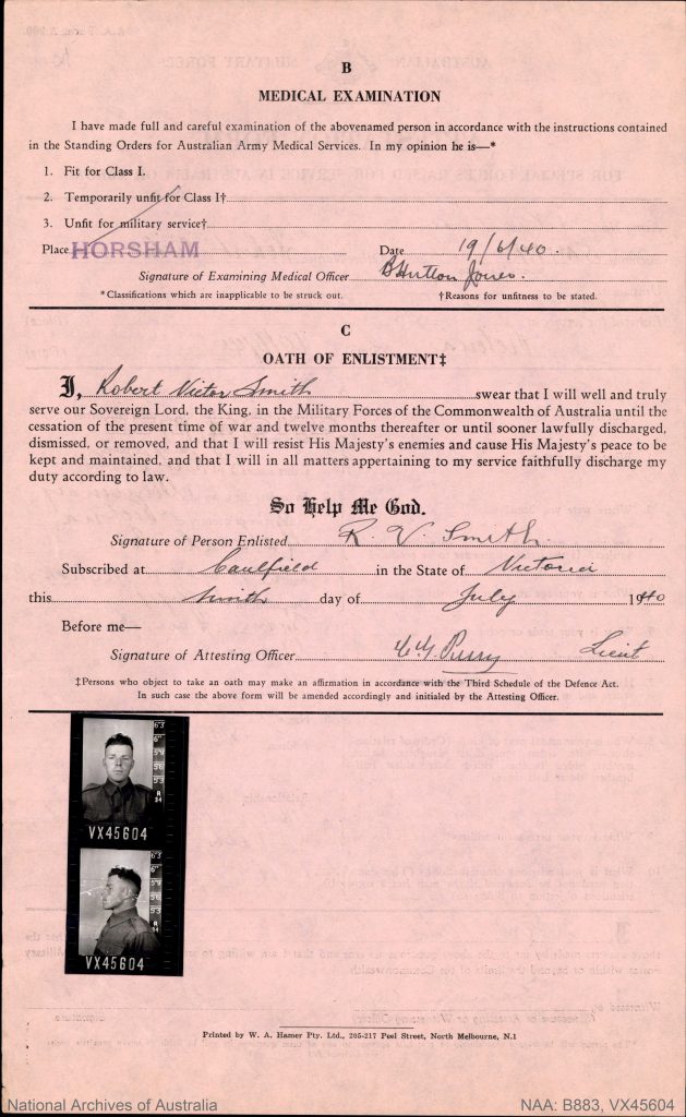 Shows a page from a World War two service record, including two photos of the soldier.