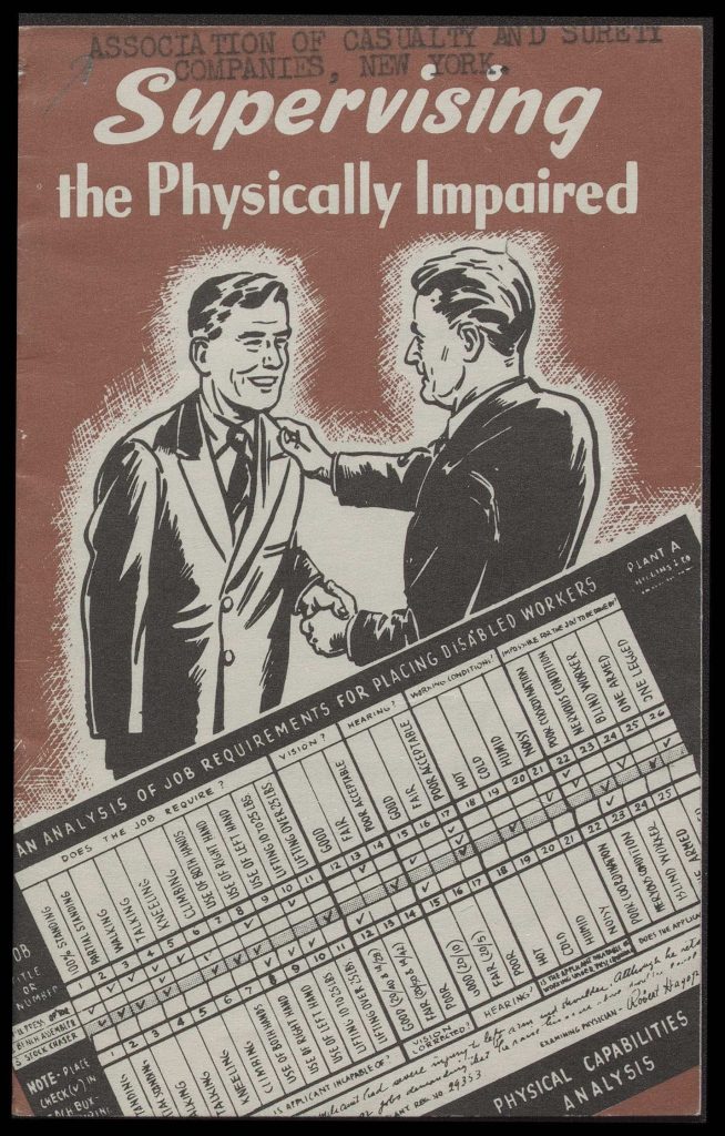 Brown book cover features drawing of two men in business suits shaking hands. Title reads: 'Supervising the physically impaired.'